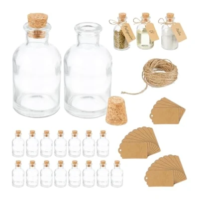 Imagen de Relaxdays 25 Botellitas de Cristal, Mini Botellas con Corcho, 60 ml, para Rellenar, Decorativas, Transparente/Natural