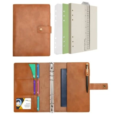 Imagen de Wonderpool Carpetas Diario de cuero Cuaderno recargable en espiral Papel cuadrícula puntos y bolsillos interiores real para viajes escolares Trabajo (Marrón, A5)