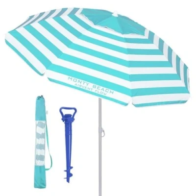 Imagen de sombrilla Playa 220 cm y Soporte Arena, protección UV+50, antiviento, Varillas Flexibles Fibra,Techo ventilación, mástil inclinable Regulable Altura, Bolsa Transporte (Aguamarina blanco)