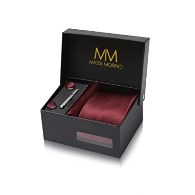 Imagen de Massi Morino Corbatas de hombre Burdeos y pañuelos con gemelos, clip corbata set Rojo Oscuro Accesorio traje modernas para boda