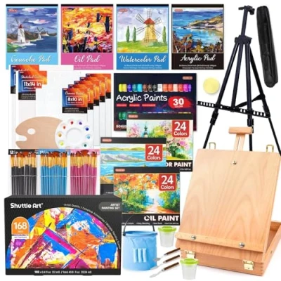 Imagen de Shuttle Art 168 Piezas Kit Pintura, Maletin Pintura de Lujo con Caballete Aluminio y Madera, 102 Pinturas Mixtas, Lienzo, Pinceles, Juego para Niños, Adultos, Artistas