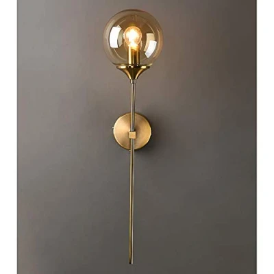 Imagen de MZStech Aplique montado en la pared industrial vintage, globo de cristal Ámbar con lámpara dorada brazo largo, luz para cabecera (Ámbar)