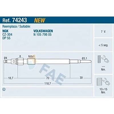 Imagen de FAE 74243 Bujía de precalentamiento 7V M 8x1 AUDI: A4 B7 Berlina, A3 Hatchback, Sportback, VOLKSWAGEN: Passat B6 Touran I, Golf 5