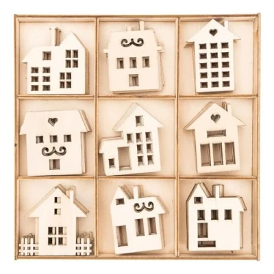 Imagen de Ideen mit Herz Decoración de madera, diseño casas 2, incluye caja 9 diseños diferentes, 7 unidades, 63 piezas