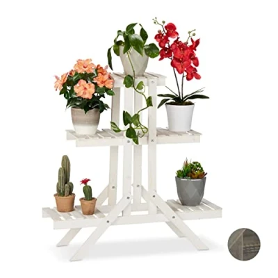 Imagen de Relaxdays Soporte Plantas 3 Niveles, Madera, Blanco, 83 x 25 cm