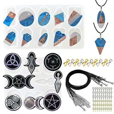 Imagen de Allazone Moldes Silicona de Resina, 2 Pz Molde Resina Sol Luna Estrella y Geometria Stampo in Silicone con Cuerda Cera Negra, Hebilla Colgante para Hacer Joyas