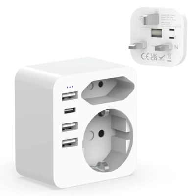 Imagen de Hoppac Adaptador Enchufe UK,6 in 1 Ingles a EspañOl Con 3 USB y 1USB C 3.4A,Adaptador Reino Unido Europeo Schuko,Adaptador Tipo G Para Irlanda, Inglaterra,DubáI