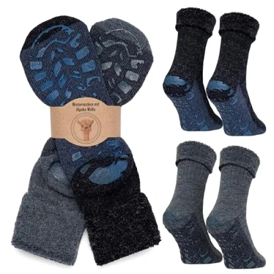 Imagen de MOUNTREX® calcetines de alpaca, lana para hombre y mujer, invierno, térmicos, gruesos, 2 pares, Azul/vaquero térmico con ABS, 39 42