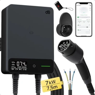 Imagen de dé Estación de Carga Coche Electrico 7,4kW App [6 32A, Monofásica] Wallbox con Cable Tipo 2 5m, RFID, RCD B y Protección IP55 para Model Y/3 Otros BEV/PHEV