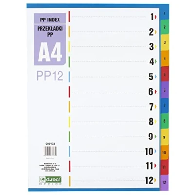 Imagen de D.RECT separador para A4, PP12, 12 separadores, registros de anillas con impresión numérica 1 12, multicolor, colores polipropileno, polipropileno