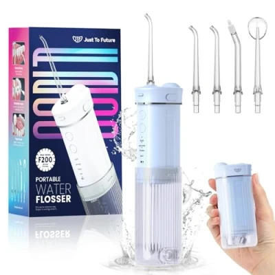 Imagen de JTF Irrigador Bucal Mini, Portátil Dental Limpieza Eléctrica Inalámbrico Viaje con 5 Boquillas, 4 Modos de Pulso, 230 ML Depósito Agua Retráctil, IPX7 Resistente Al (Azul)