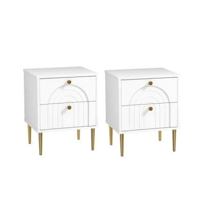 Imagen de HOMCOM Pack de 2 Mesitas Noche Mesillas Dormitorio con Cajones y Patas Acero Estilo Moderno 40x35x50 cm Blanco
