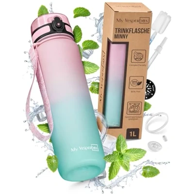 Imagen de My Vesperbox Minny Botella infantil a prueba de fugas 1 l con pajita o colador agua ligera Tritán Sin BPA para guardería, escuela (rosa turquesa, L)