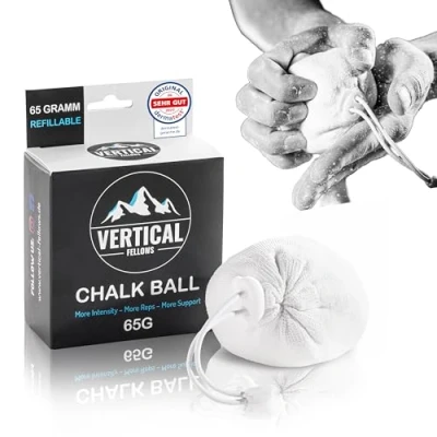 Imagen de VERTICAL FELLOWS Pelota de tiza rellenable 65 gramos Dermatest muy buena y magnesia ideal para escalada, boulder, gimnasia, levantamiento pesas, crossfit