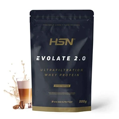 Imagen de Aislado de Proteína Suero HSN Evolate 2.0 Sabor Café con Leche 500 g = 16 Tomas por Envase Whey Protein Isolate CFM + Enzimas Digestivas No GMO, Vegetariano, Sin Gluten ni Soja