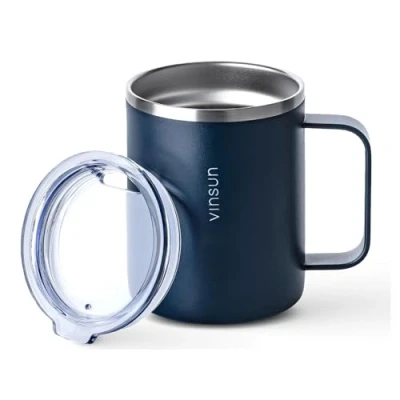Imagen de VINSUN Taza Térmica con Asa 350ml Acero Inoxidable, Sin BPA, Reutilizable, Tapa Transparente Apertura para Beber Termo Café Azul Llevar, Camping, Oficina
