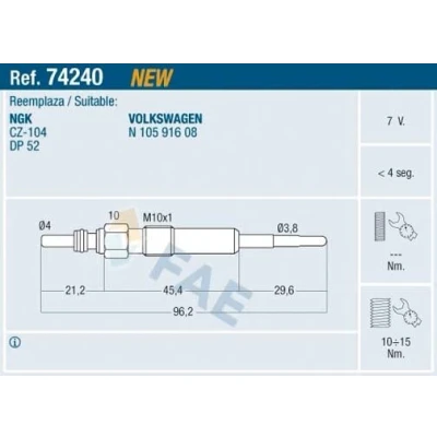 Imagen de FAE 74240 Bujía de precalentamiento 7V M 10x1 VOLKSWAGEN: Passat B6 Berlina, Multivan 5 (7HM, Crafter 30 35 Bus, AUDI: A4 B7 A3 Hatchback