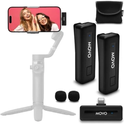 Imagen de Movo Wireless Mini DI Duo Ultracompact Dual Lavalier Micrófono para iPhone con 2 Clip en micrófonos Lavalier, batería 10HR, Rango de 164 pies, Conector Lightning