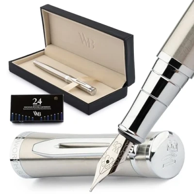 Imagen de Wordsworth &amp; Black Juego de plumas estilográficas medias, incluye 6 cartuchos tinta y un convertidor recarga tinta, estuche regalo, para caligrafía, escritura lisa, cromado plateado