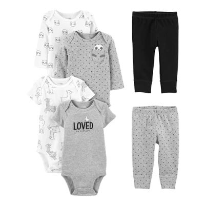 Imagen de Simple Joys by Carter&#039;s 6 Piece Neutral Bodysuits (Short Long Sleeve) and Pants Set Juego de Canastilla, Blanco Llama/Gris Estampado con Texto/Negro/Panda, 24 Meses Unisex bebé