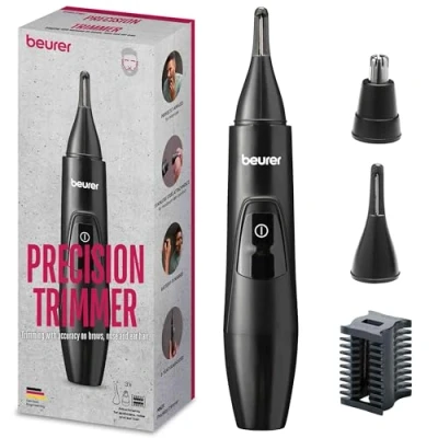 Imagen de Beurer MN2X Recortadora de precisión, para recortar y dar forma al vello ojos, nariz orejas, 3 accesorios acero inoxidable, resistente agua, funciona con pilas