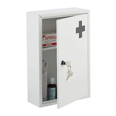 Imagen de Relaxdays Armario Botiquín Medicamentos, Cerradura, 2 Compartimentos, 32 x 21,5 8 cm, Caja Medicinas Colgante, Blanco, Hierro, 21.5 cm
