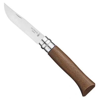 Imagen de Opinel Caja N08 Navaja Plegable Hoja de Acero Inoxidable Mango Madera Nogal Corte Perfecto, Fácil Mantenimiento Anillo Seguridad Virobloc Fabricación Francesa