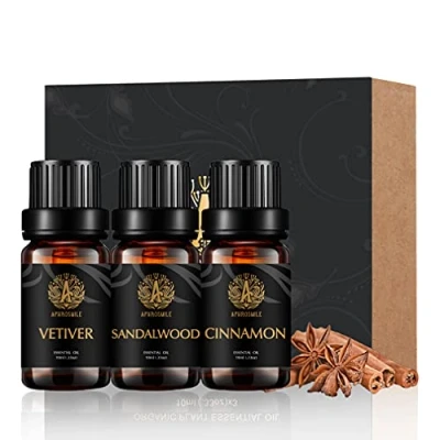 Imagen de aceites esenciales de aromaterapia Set 100% puro sándalo canela Vetiver Kit, grado terapéutico perfumados fijó para el difusor, masaje 3x10 ml