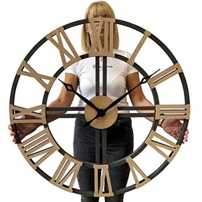 Imagen de FLEXISTYLE Reloj de Pared Grande EKO XXL sin Ruido tictac Loft Negro y Roble 80 cm (Grosor 19 mm), para salón, Dormitorio