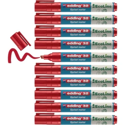 Imagen de edding 32 EcoLine marcador para flipcharts rojo 10 rotuladores punta biselada de 1 5 mm escribir, dibujar y marcar sobre papel recargable, no traspasa, mancha