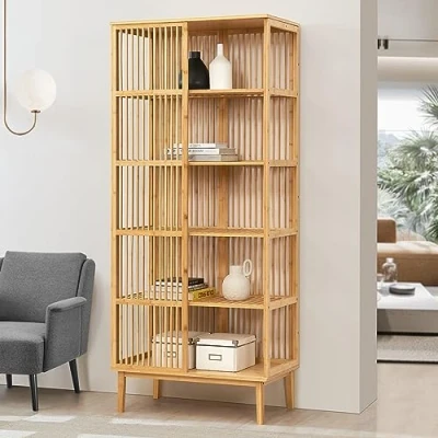 Imagen de [en.casa] Estantería de Pie para Baño Cocina Dormitorio Librería 5 Niveles Alta Visibilidad Sostenible Resistente a la Humedad Bambú 185 x 80 45 cm Color Natural