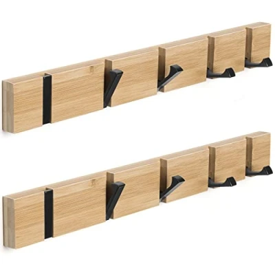 Imagen de ANVODE Perchero Pared Plegable Madera, Colgador Recibidor con 5 Ganchos para Chaquetas, Abrigos, Sombreros, Bufandas (42 cm) Paquete de 2