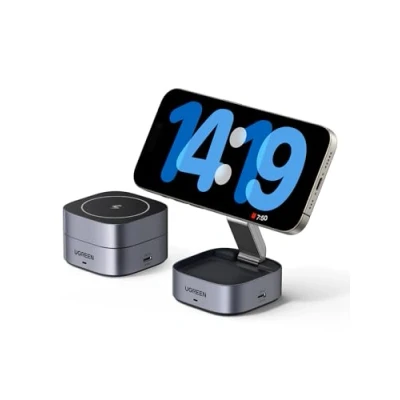 Imagen de UGREEN MagFlow Cargador Inalámbrico 2 en 1, Estación de Carga Magnética, Compatible con iPhone 16/15/14/13/12 Series, AirPods Pro 2/3