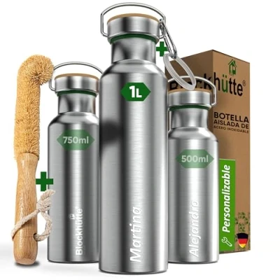 Imagen de Blockhuette Botella Termica personalizada Acero Inoxidable I 1L Térmica, Niños, Deporte, Día del Padre Nombre Personalizable, Sin BPA, Botellas Termica, Cantimplora Termo