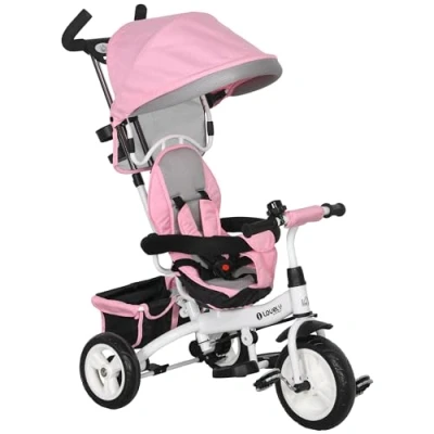 Imagen de HOMCOM Triciclo para Bebés 6 en 1 Evolutivo Niños de 5 Años con Toldo Plegable Mango Empuje Telescópico Cinturón Seguridad y Cesto Carga 25 kg 95x50x106 cm Rosa