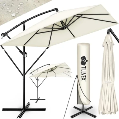 Imagen de tillvex® sombrilla rectangular de aluminio 330 cm diámetro + cubierta con manivela soporte y protección contra el viento jardín UV