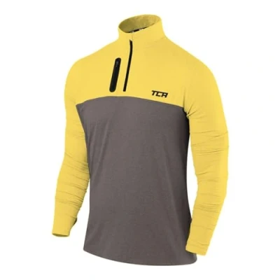 Imagen de TCA Camiseta Deporte Manga Larga Hombre Deportiva Secado Rápido Fusion Pro Quickdry con Media Cremallera para Gris Oscuro/Amarillo, XXL