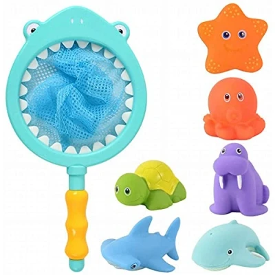 Imagen de Goomp Juguetes Baño,7 Piezas de Baño Bañera para Bebe Niños Jueguetes Pesca Animales Flotantes Juego con Red en la