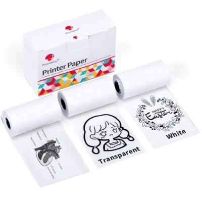 Imagen de Phomemo Papel M02/M02Pro/M02S/M03/M03AS/M04S/M04AS Mini Pegatinas Impresora Blanco/Semitransparente/Transparente Bolsa Térmica para Autoadhesivas, 3 Rollos