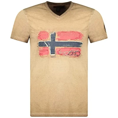 Imagen de Geographical Norway JOASIS Men Camiseta de algodón para Hombre, Casual, Estampado con Logotipo Impreso Manga Corta Cuello en V Corte Ajustado Hombre (Beige, M)