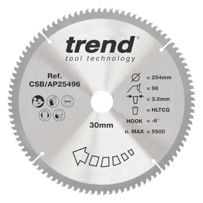 Imagen de Trend CraftPro TCT Hoja de sierra aluminio y plástico, 254 mm diámetro, 30 96 dientes, corte 2,8 mm, gancho 6, CSB/AP25496