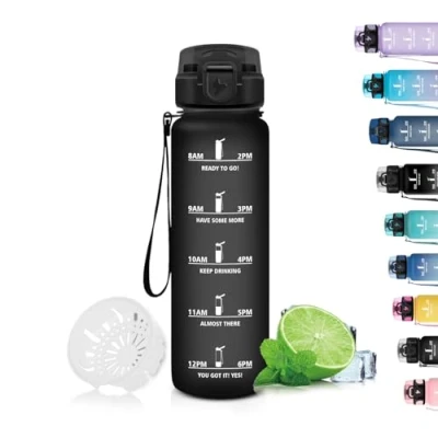 Imagen de Grsta Botella Agua, 500ml Agua Niños, Reutilizable con Filtro, Motivacional, Fácil de Limpiar, Cantimplora para la Escuela, Gimnasio, Acampar, Negro