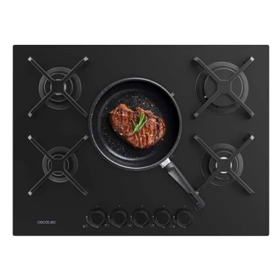 Imagen de Cecotec Placa de Gas 5 Fuegos Bolero Squad G 5400S Nano Glass. 10.4kW, Glass, Parrillas Hierro Fundido, Quemador WOK Triple Corona, Encendido Electrónico, Seguridad en Válvulas, Accesorio