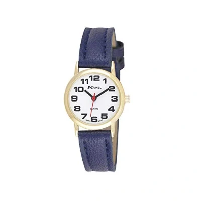 Imagen de Ravel Reloj Mujer de Correa fácil Lectura con números Grandes Azul/Tono Dorado/Esfera Blanca