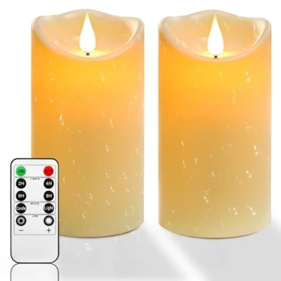 Imagen de vela LED, impermeable al aire libre, LED intermitente, alimentada por batería con control remoto y temporizador, plástico blanco marfil, 8cm x 15cm 2pcs