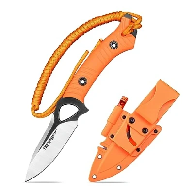 Imagen de TONIFE Explorer Cuchillo de Hoja Fija con Funda 8Cr14MoV Blade Multifuncional Supervivencia, Fibra Vidrio Reforzada Mango Nylon para EDC Cuchillo(Naranja+Negro Titanio y Satén)