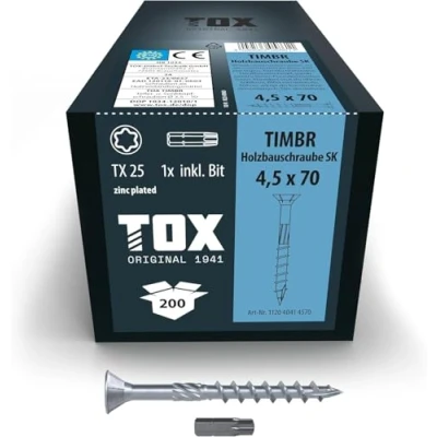 Imagen de TOX tornillos para construcción de madera TIMBR SK 4,5 x 70 mm, azul galvanizado con cabeza avellanada, TX25, 200 piezas en una caja, incl. 1x broca, 112040414570