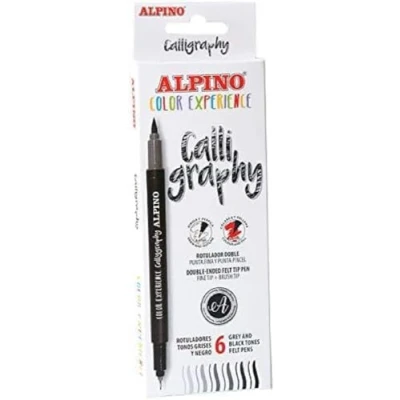 Imagen de Alpino Color Experience 6 Rotuladores Negros y Grises para Caligrafía Lettering Set de Doble Punta Fina Pincel