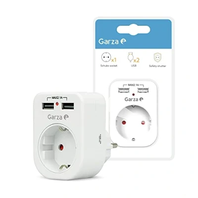 Imagen de Garza Power Adaptador de 1 toma Schuko + 2 Conexiones USB, protección Infantil, color Blanco