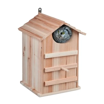 Imagen de Relaxdays Casa Pájaros para Mochuelos, Madera de Abeto, Agujero Entrada 9,5x9,5cm, Pared Abatible, Colgante, Natural, Hierro, 38,5 x 25 28 cm